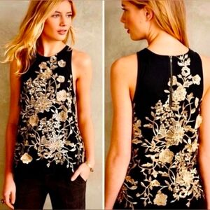Sunday In Brooklyn Sleeveless Black With Gold Embroidered Roses Blouse
